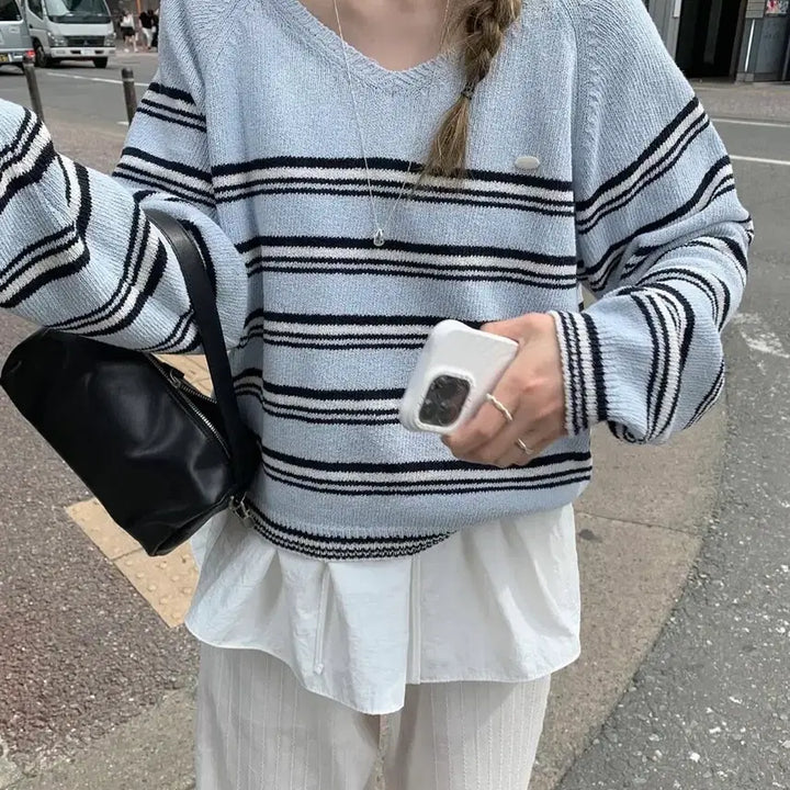 [BUNJANG] Melounge Stripe V-Neck Knit Summer Sweater / 멜라운지 쿨 단가라 브이니트 여름니트 새상품