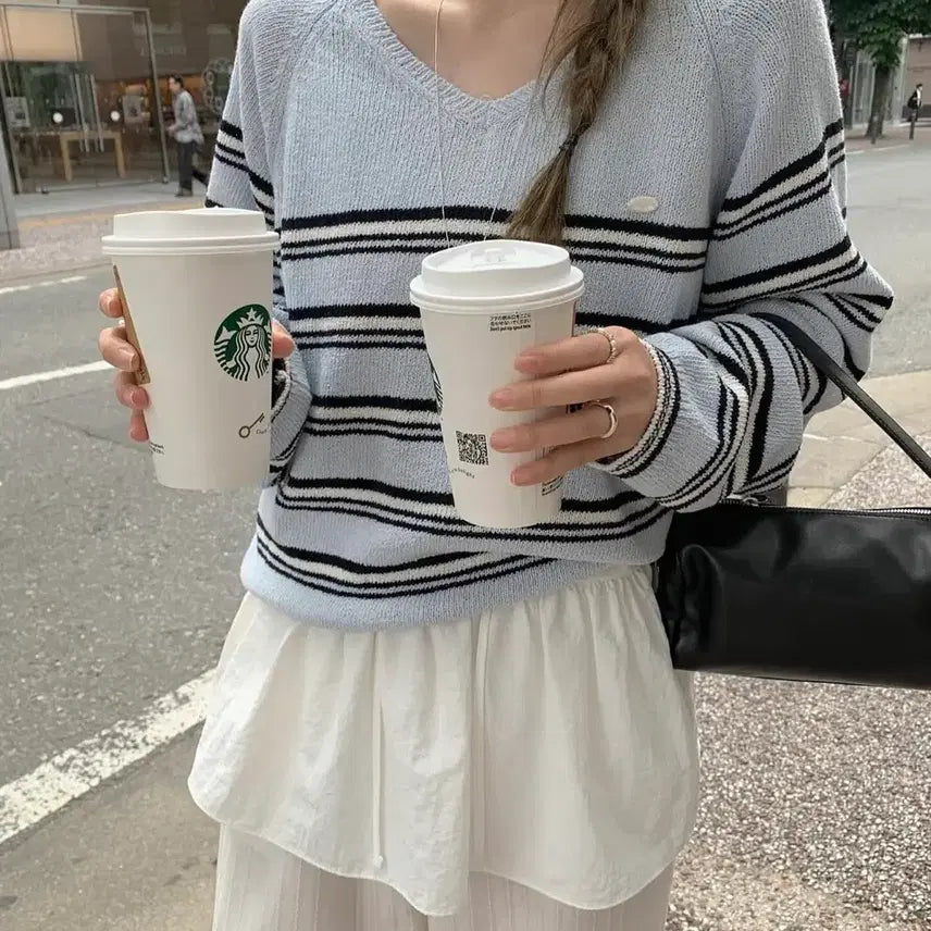 [BUNJANG] Melounge Stripe V-Neck Knit Summer Sweater / 멜라운지 쿨 단가라 브이니트 여름니트 새상품