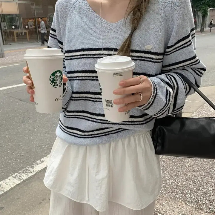 [BUNJANG] Melounge Stripe V-Neck Knit Summer Sweater / 멜라운지 쿨 단가라 브이니트 여름니트 새상품