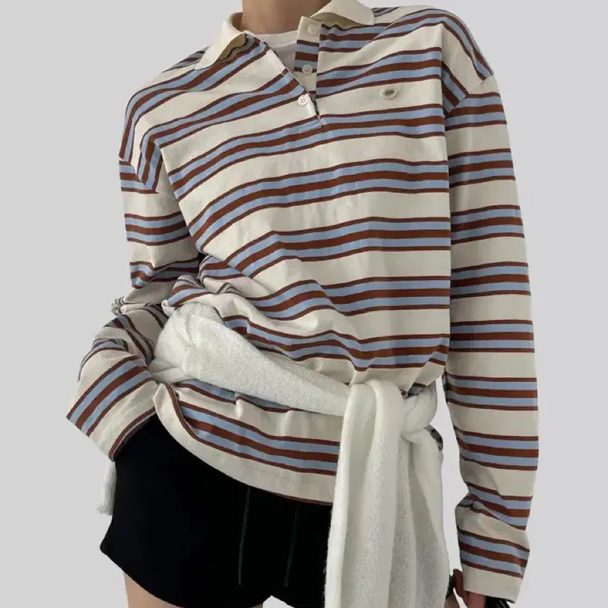 [BUNJANG] Autumn Stripe Rugby Collar T-Shirt / 어텀 스트라이프 럭비카라티셔츠