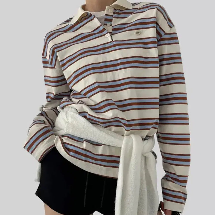 [BUNJANG] Autumn Stripe Rugby Collar T-Shirt / 어텀 스트라이프 럭비카라티셔츠