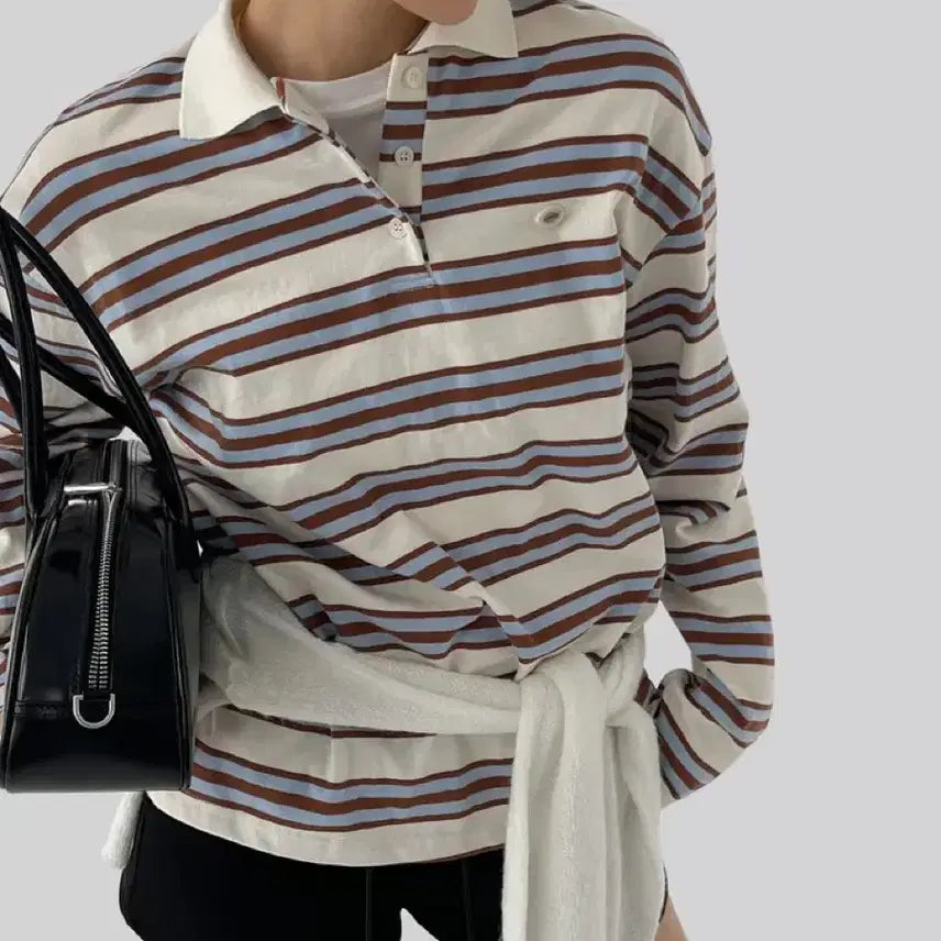 [BUNJANG] Autumn Stripe Rugby Collar T-Shirt / 어텀 스트라이프 럭비카라티셔츠