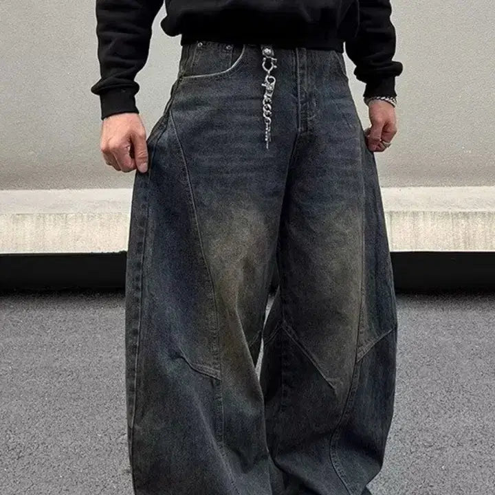 [BUNJANG] Washed Denim Wide Balloon Pants / 워싱 데님 와이드 벌룬 팬츠