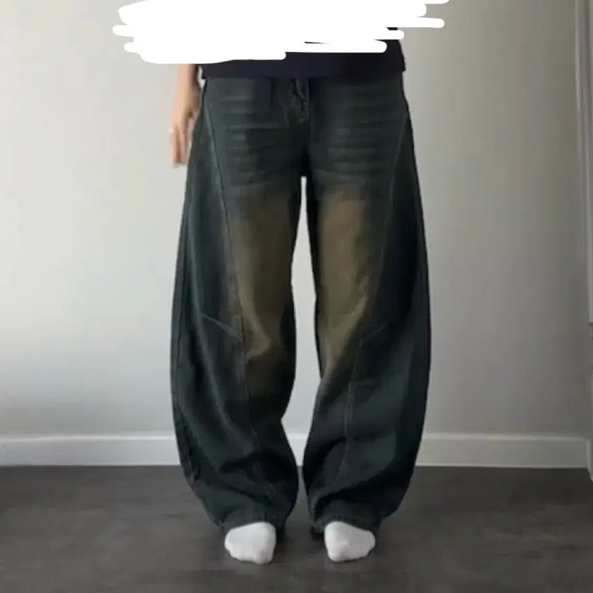 [BUNJANG] Washed Denim Wide Balloon Pants / 워싱 데님 와이드 벌룬 팬츠