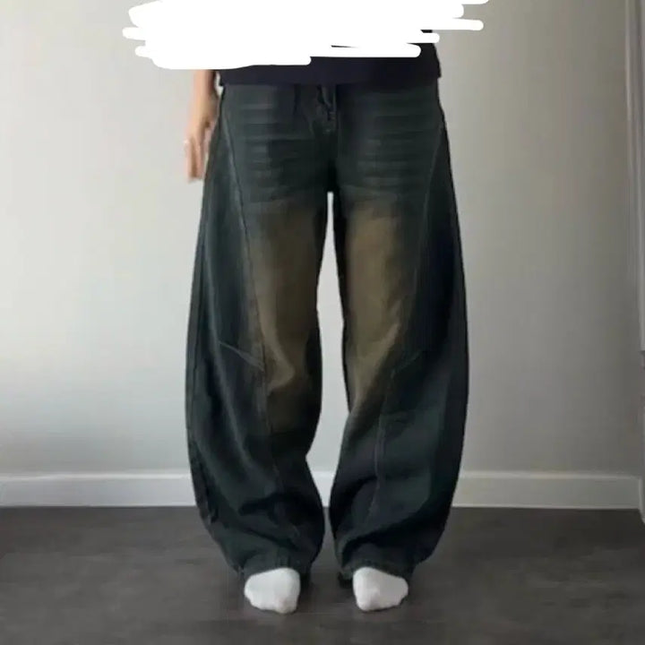 [BUNJANG] Washed Denim Wide Balloon Pants / 워싱 데님 와이드 벌룬 팬츠