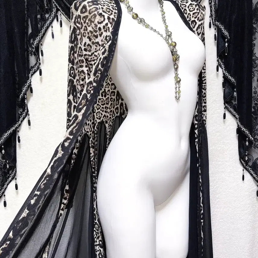 [BUNJANG] Leopard Print Drape Long Cardigan Robe / 레오파드 호피 오네갸루 드레이프 롱가디건 로브 고딕 고스 펑크 핀터