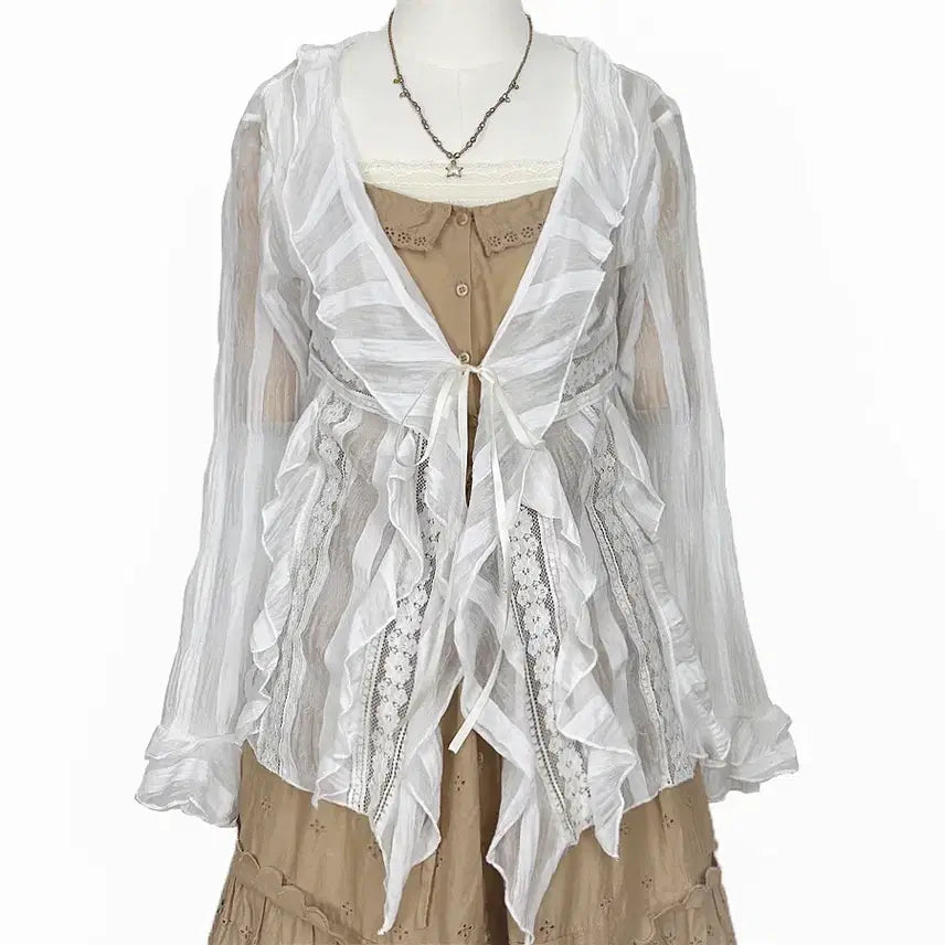 [BUNJANG] Vintage Lace See-Through Ribbon Tie Jacket Cardigan White Mori Girl / 일본빈티지 러플레이스시스루 리본끈자켓가디건화이트모리걸하구미룩갸루y2k히피