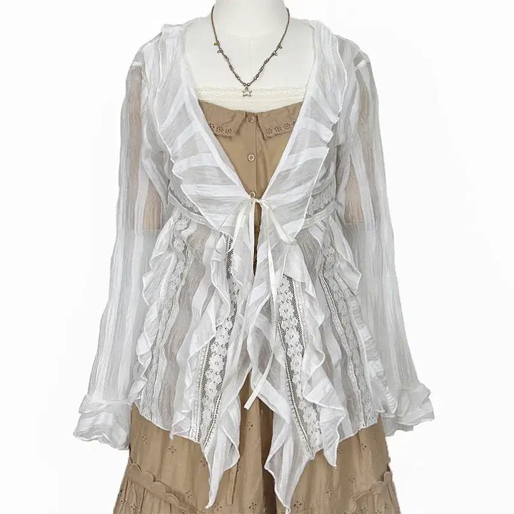 [BUNJANG] Vintage Lace See-Through Ribbon Tie Jacket Cardigan White Mori Girl / 일본빈티지 러플레이스시스루 리본끈자켓가디건화이트모리걸하구미룩갸루y2k히피