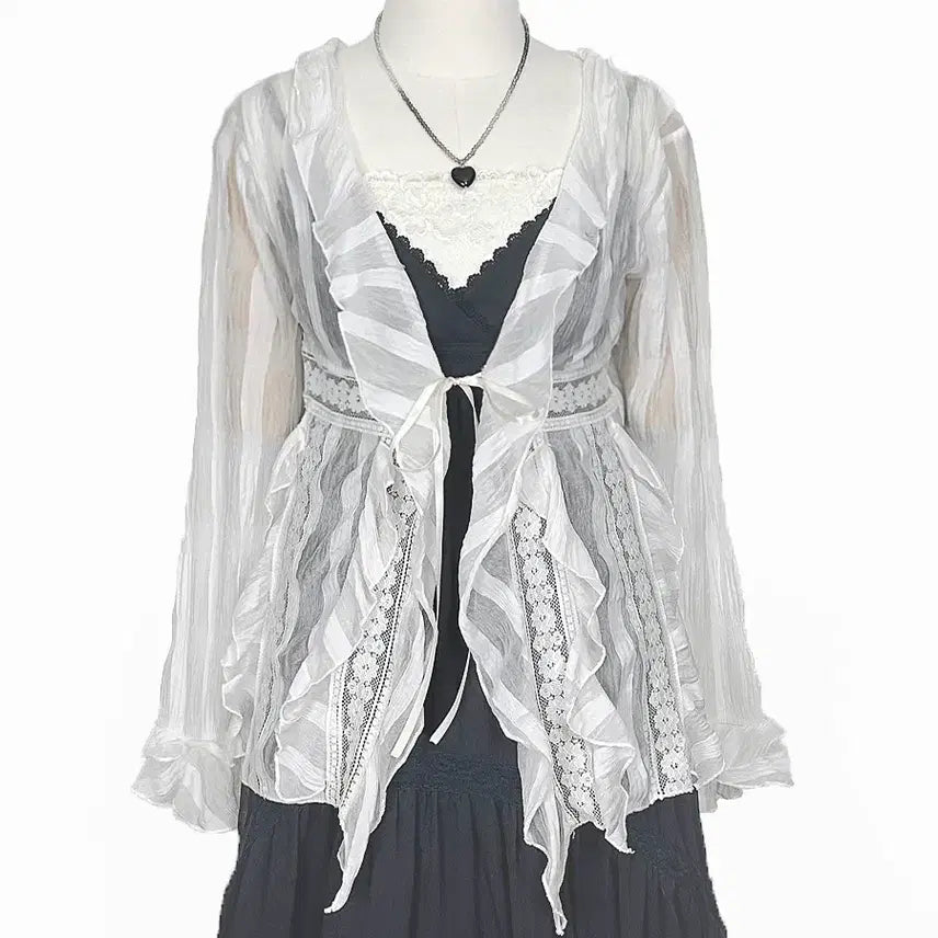 [BUNJANG] Vintage Lace See-Through Ribbon Tie Jacket Cardigan White Mori Girl / 일본빈티지 러플레이스시스루 리본끈자켓가디건화이트모리걸하구미룩갸루y2k히피