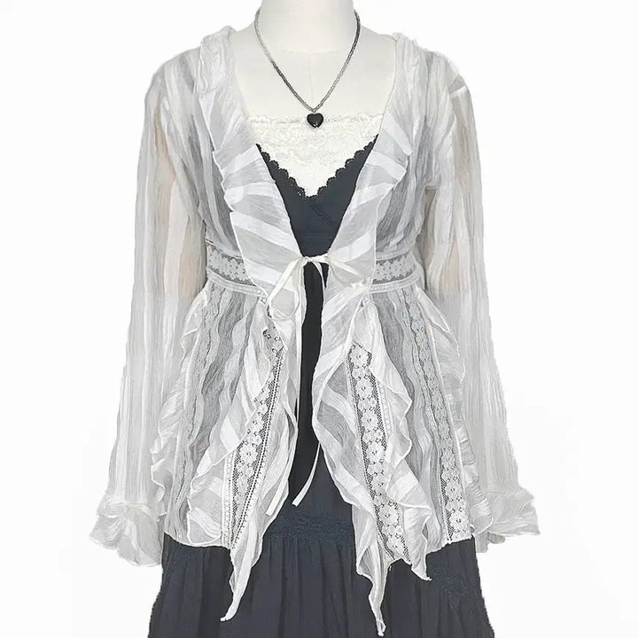 [BUNJANG] Vintage Lace See-Through Ribbon Tie Jacket Cardigan White Mori Girl / 일본빈티지 러플레이스시스루 리본끈자켓가디건화이트모리걸하구미룩갸루y2k히피