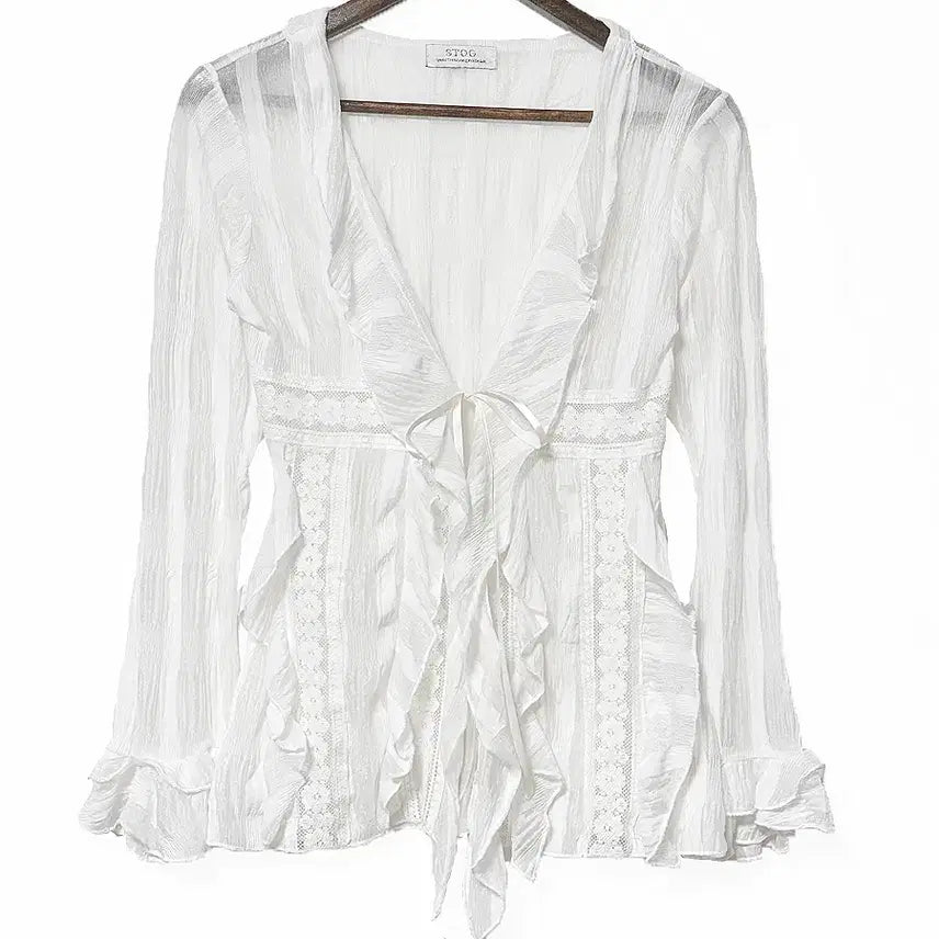 [BUNJANG] Vintage Lace See-Through Ribbon Tie Jacket Cardigan White Mori Girl / 일본빈티지 러플레이스시스루 리본끈자켓가디건화이트모리걸하구미룩갸루y2k히피