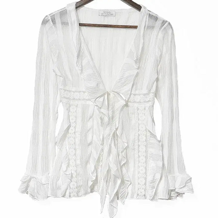 [BUNJANG] Vintage Lace See-Through Ribbon Tie Jacket Cardigan White Mori Girl / 일본빈티지 러플레이스시스루 리본끈자켓가디건화이트모리걸하구미룩갸루y2k히피