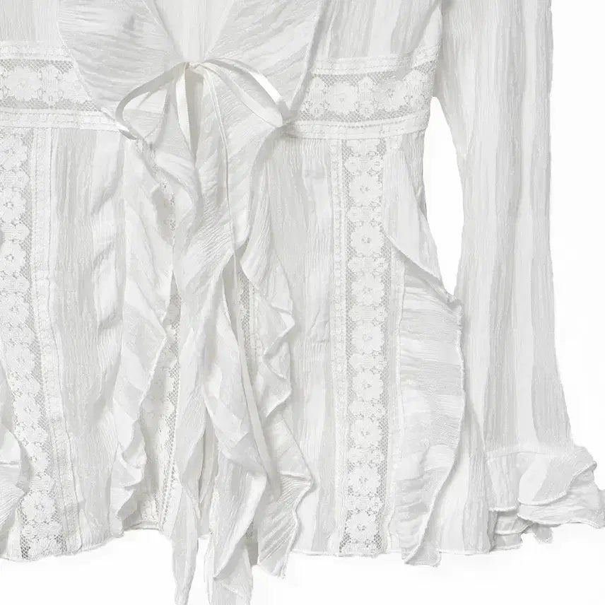[BUNJANG] Vintage Lace See-Through Ribbon Tie Jacket Cardigan White Mori Girl / 일본빈티지 러플레이스시스루 리본끈자켓가디건화이트모리걸하구미룩갸루y2k히피