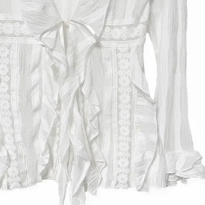 [BUNJANG] Vintage Lace See-Through Ribbon Tie Jacket Cardigan White Mori Girl / 일본빈티지 러플레이스시스루 리본끈자켓가디건화이트모리걸하구미룩갸루y2k히피