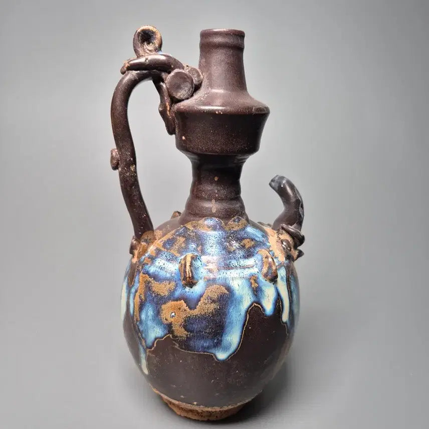 [BUNJANG] Black Glazed Celadon Vase with Mottled Glaze, Dragon Head Spout, Chinese Antique Porcelain Collectible / 흑유 청반 요변 용두식 정수병 정병 중국도자기 골동품 미술품 수집품
