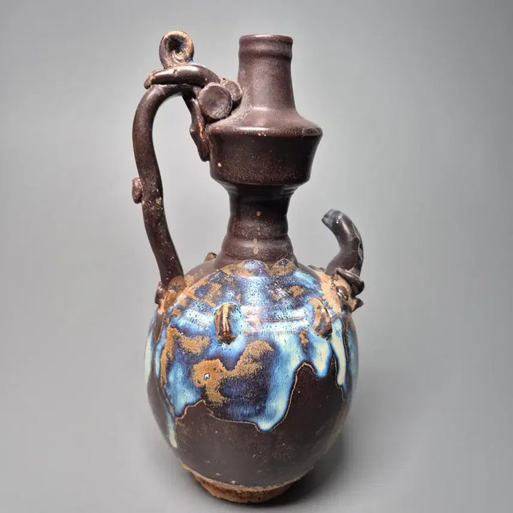 [BUNJANG] Black Glazed Celadon Vase with Mottled Glaze, Dragon Head Spout, Chinese Antique Porcelain Collectible / 흑유 청반 요변 용두식 정수병 정병 중국도자기 골동품 미술품 수집품