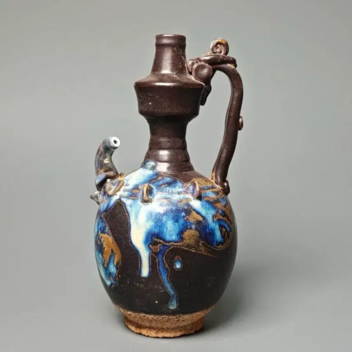 [BUNJANG] Black Glazed Celadon Vase with Mottled Glaze, Dragon Head Spout, Chinese Antique Porcelain Collectible / 흑유 청반 요변 용두식 정수병 정병 중국도자기 골동품 미술품 수집품