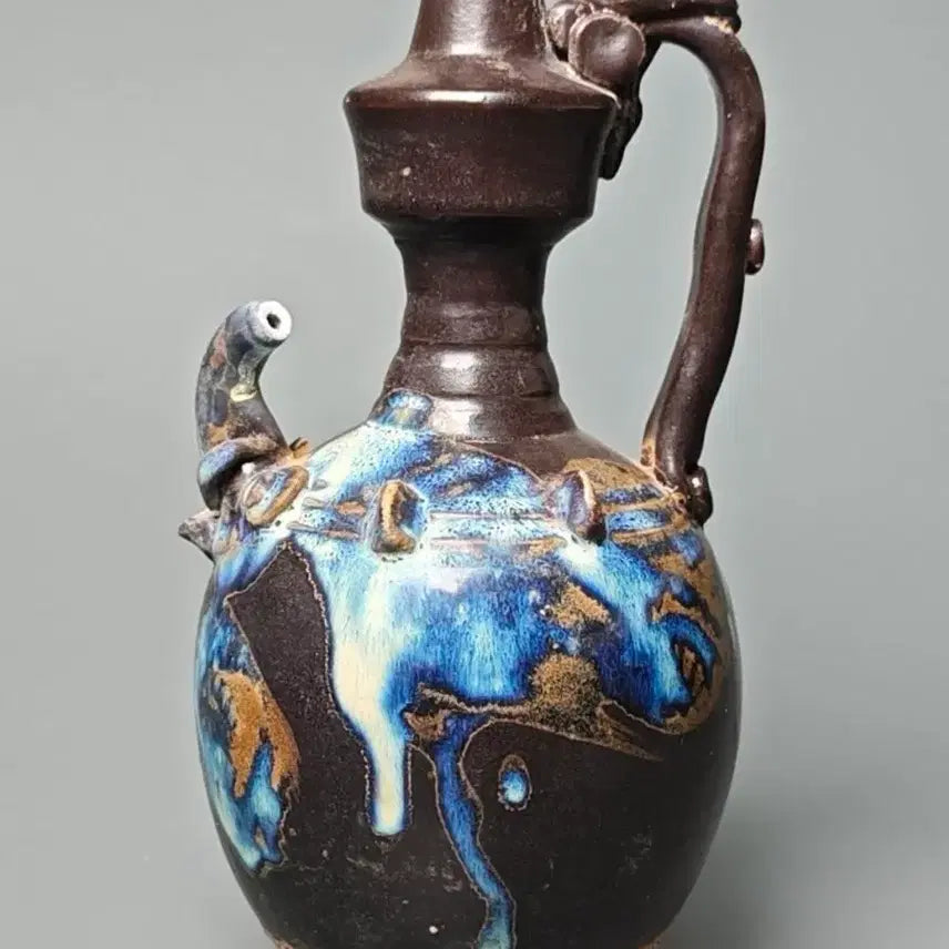 [BUNJANG] Black Glazed Celadon Vase with Mottled Glaze, Dragon Head Spout, Chinese Antique Porcelain Collectible / 흑유 청반 요변 용두식 정수병 정병 중국도자기 골동품 미술품 수집품