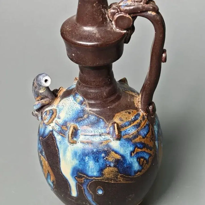 [BUNJANG] Black Glazed Celadon Vase with Mottled Glaze, Dragon Head Spout, Chinese Antique Porcelain Collectible / 흑유 청반 요변 용두식 정수병 정병 중국도자기 골동품 미술품 수집품