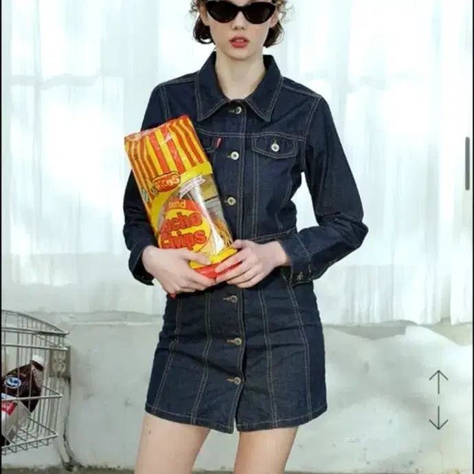 [BUNJANG] Sculptor Pocket Stitch Denim Dress Blue S / 스컬프터 포켓 스티치 청 데님원피스 S 새상품