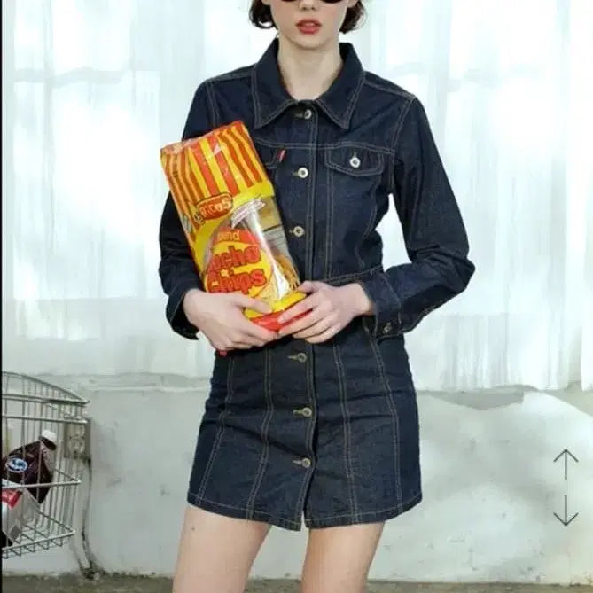 [BUNJANG] Sculptor Pocket Stitch Denim Dress Blue S / 스컬프터 포켓 스티치 청 데님원피스 S 새상품