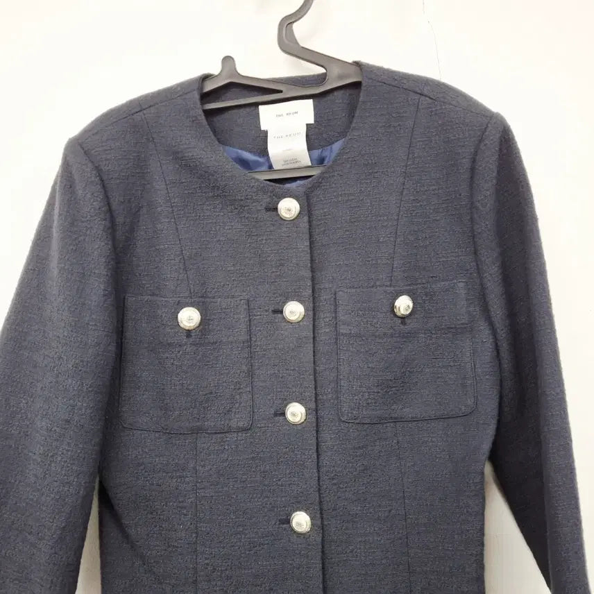 [BUNJANG] THEREUM Tweed Collarless Jacket Navy / THEREUM 더름 트위드 칼라리스 자켓 네이비