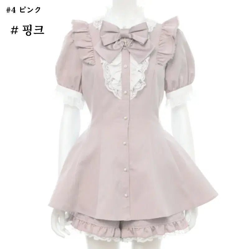 [BUNJANG] Secret Honey Ribbon Lace Frill Short Sleeve Set / 시크릿허니 악세사리 리본 레이스 프릴 반팔 셋업