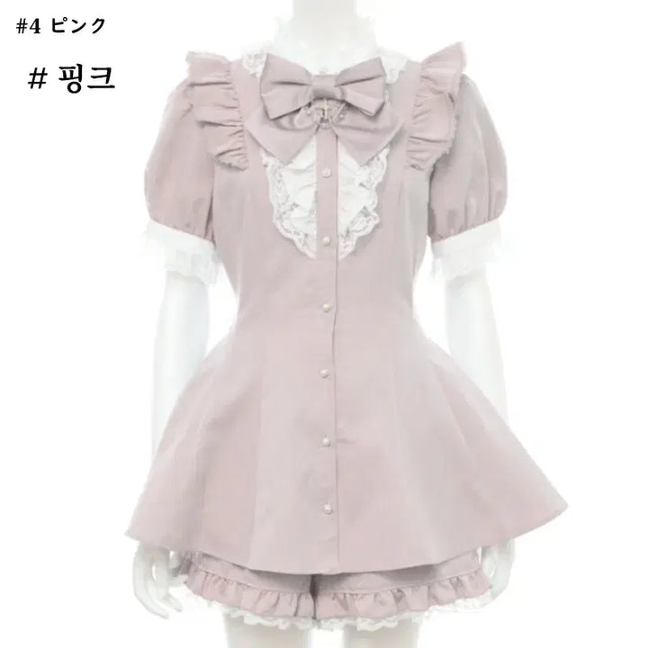 [BUNJANG] Secret Honey Ribbon Lace Frill Short Sleeve Set / 시크릿허니 악세사리 리본 레이스 프릴 반팔 셋업
