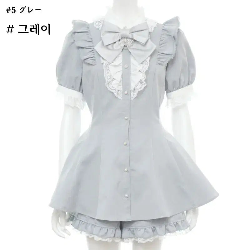 [BUNJANG] Secret Honey Ribbon Lace Frill Short Sleeve Set / 시크릿허니 악세사리 리본 레이스 프릴 반팔 셋업