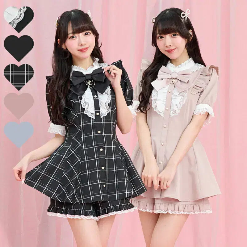 [BUNJANG] Secret Honey Ribbon Lace Frill Short Sleeve Set / 시크릿허니 악세사리 리본 레이스 프릴 반팔 셋업