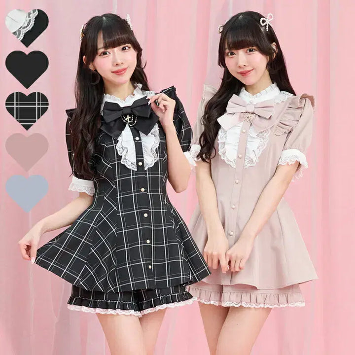 [BUNJANG] Secret Honey Ribbon Lace Frill Short Sleeve Set / 시크릿허니 악세사리 리본 레이스 프릴 반팔 셋업