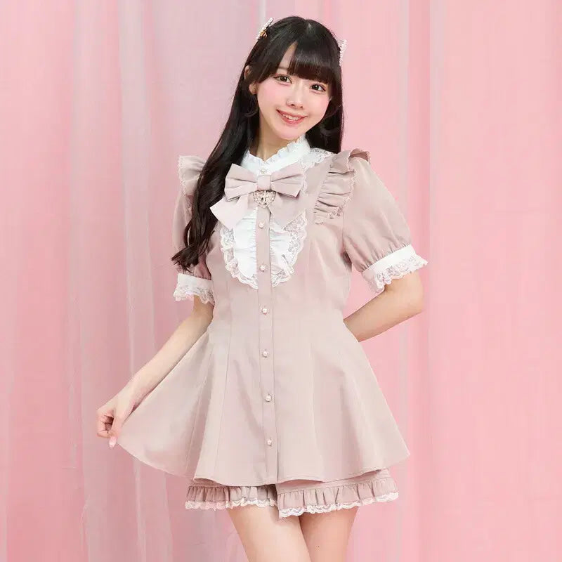 [BUNJANG] Secret Honey Ribbon Lace Frill Short Sleeve Set / 시크릿허니 악세사리 리본 레이스 프릴 반팔 셋업