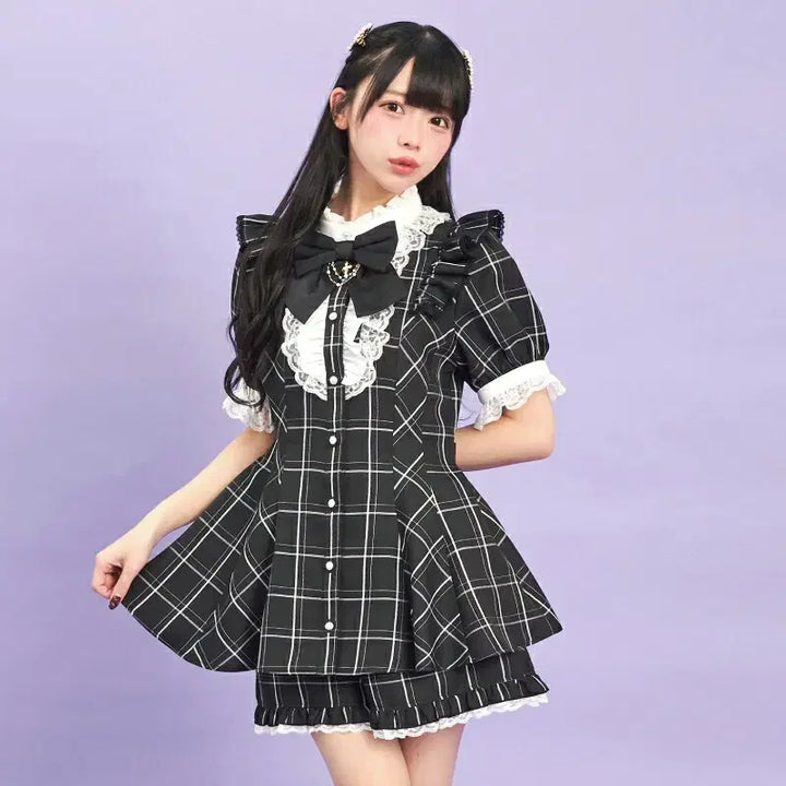 [BUNJANG] Secret Honey Ribbon Lace Frill Short Sleeve Set / 시크릿허니 악세사리 리본 레이스 프릴 반팔 셋업