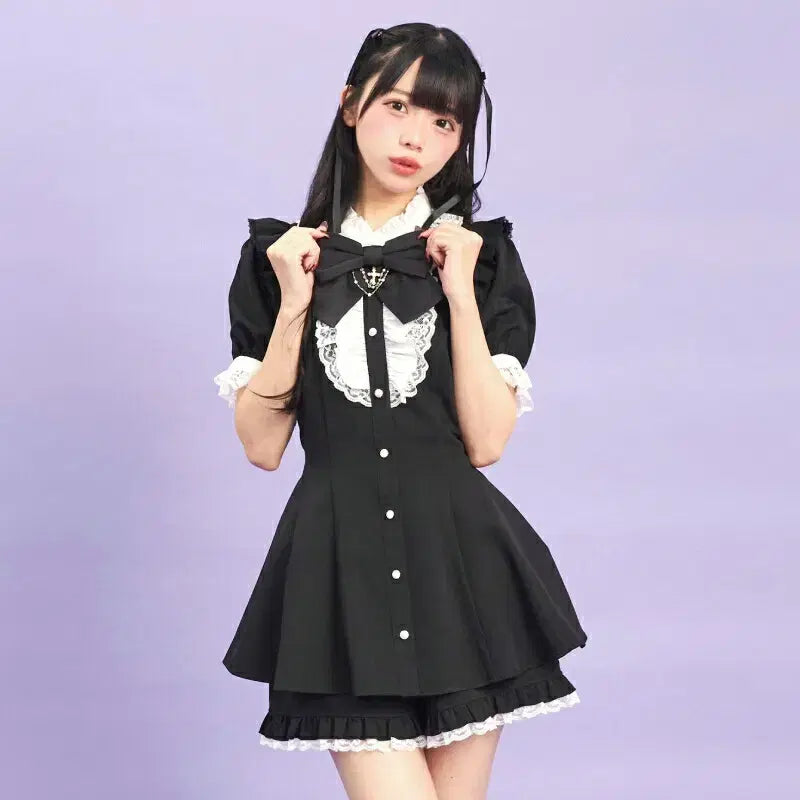 [BUNJANG] Secret Honey Ribbon Lace Frill Short Sleeve Set / 시크릿허니 악세사리 리본 레이스 프릴 반팔 셋업