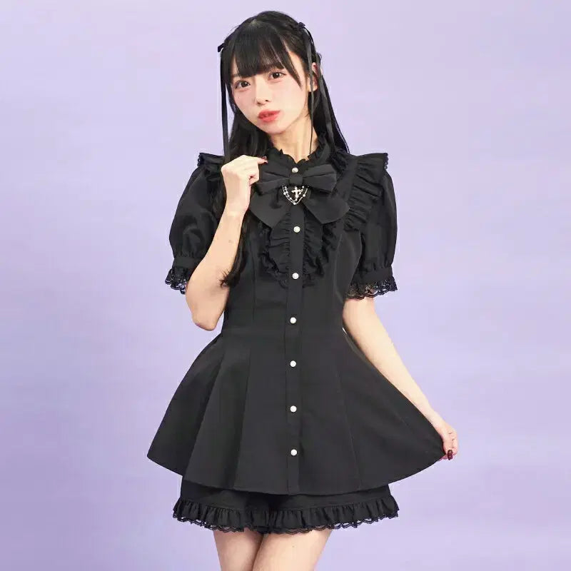 [BUNJANG] Secret Honey Ribbon Lace Frill Short Sleeve Set / 시크릿허니 악세사리 리본 레이스 프릴 반팔 셋업