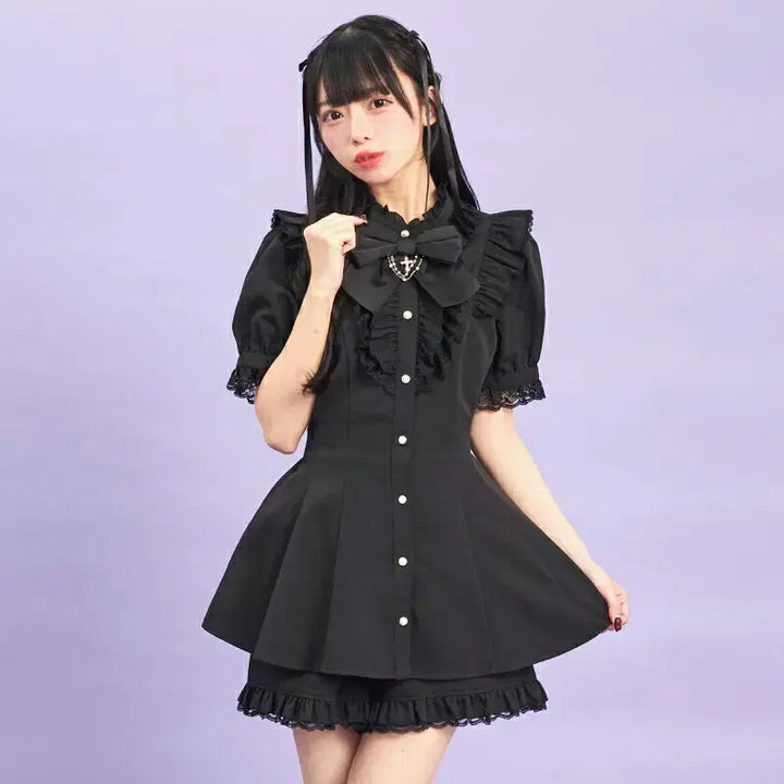 [BUNJANG] Secret Honey Ribbon Lace Frill Short Sleeve Set / 시크릿허니 악세사리 리본 레이스 프릴 반팔 셋업