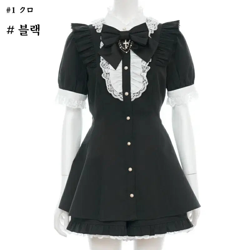 [BUNJANG] Secret Honey Ribbon Lace Frill Short Sleeve Set / 시크릿허니 악세사리 리본 레이스 프릴 반팔 셋업