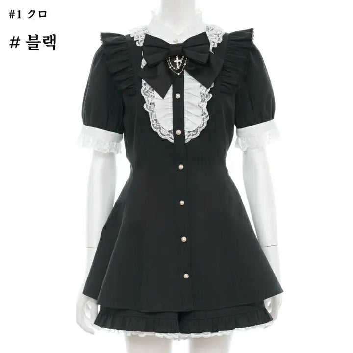 [BUNJANG] Secret Honey Ribbon Lace Frill Short Sleeve Set / 시크릿허니 악세사리 리본 레이스 프릴 반팔 셋업
