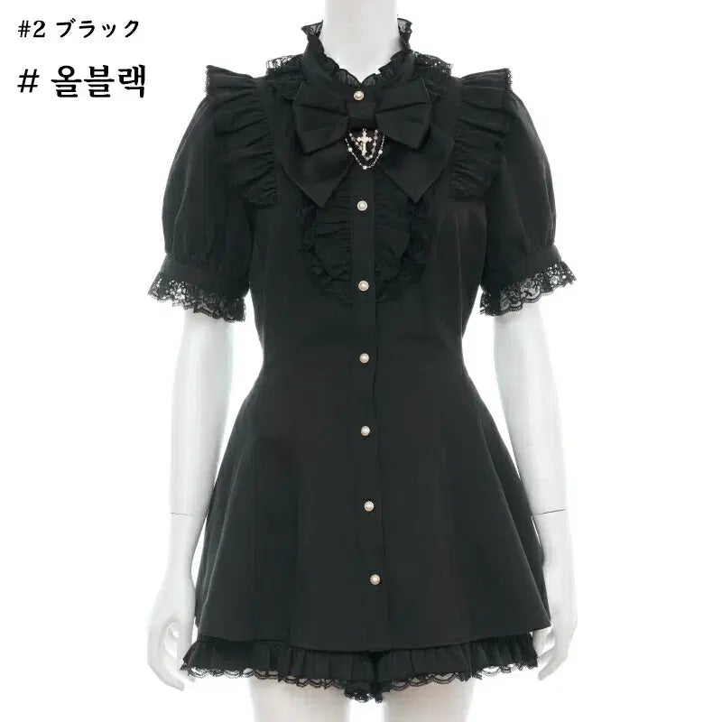 [BUNJANG] Secret Honey Ribbon Lace Frill Short Sleeve Set / 시크릿허니 악세사리 리본 레이스 프릴 반팔 셋업