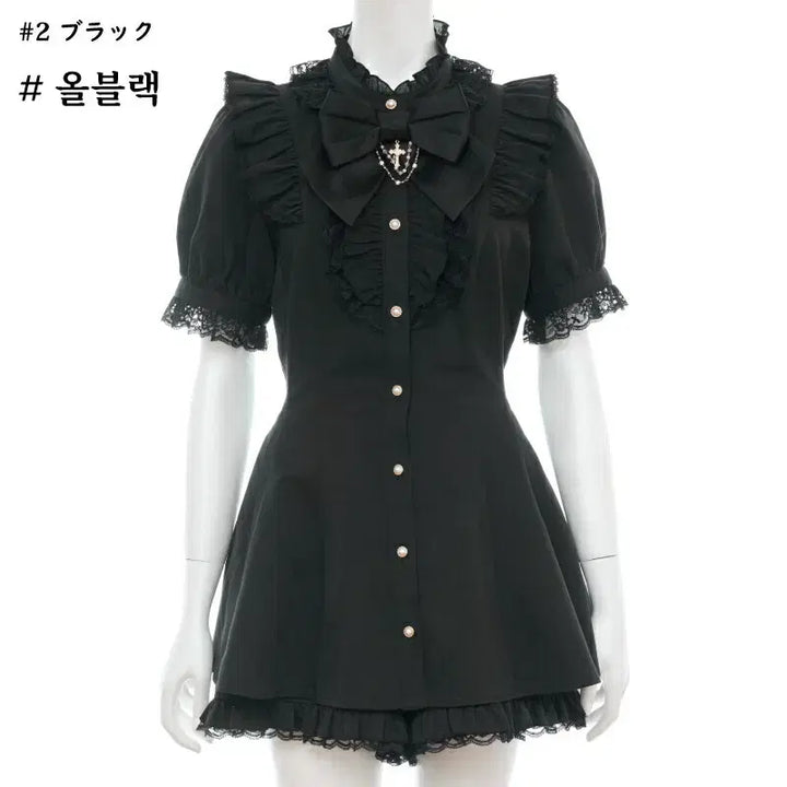 [BUNJANG] Secret Honey Ribbon Lace Frill Short Sleeve Set / 시크릿허니 악세사리 리본 레이스 프릴 반팔 셋업