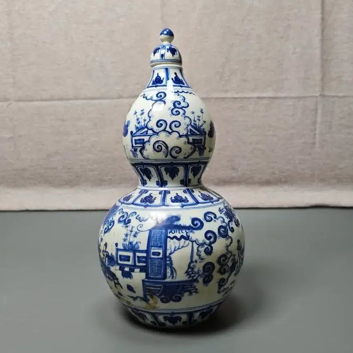 [BUNJANG] Ming Dynasty Celadon Porcelain Gourd-shaped Ewer - Chinese Antique / 대명성화년제명 청화백자 인물문 표주박모양 호리병 중국도자기 골동품 수집품