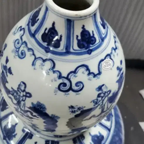 [BUNJANG] Ming Dynasty Celadon Porcelain Gourd-shaped Ewer - Chinese Antique / 대명성화년제명 청화백자 인물문 표주박모양 호리병 중국도자기 골동품