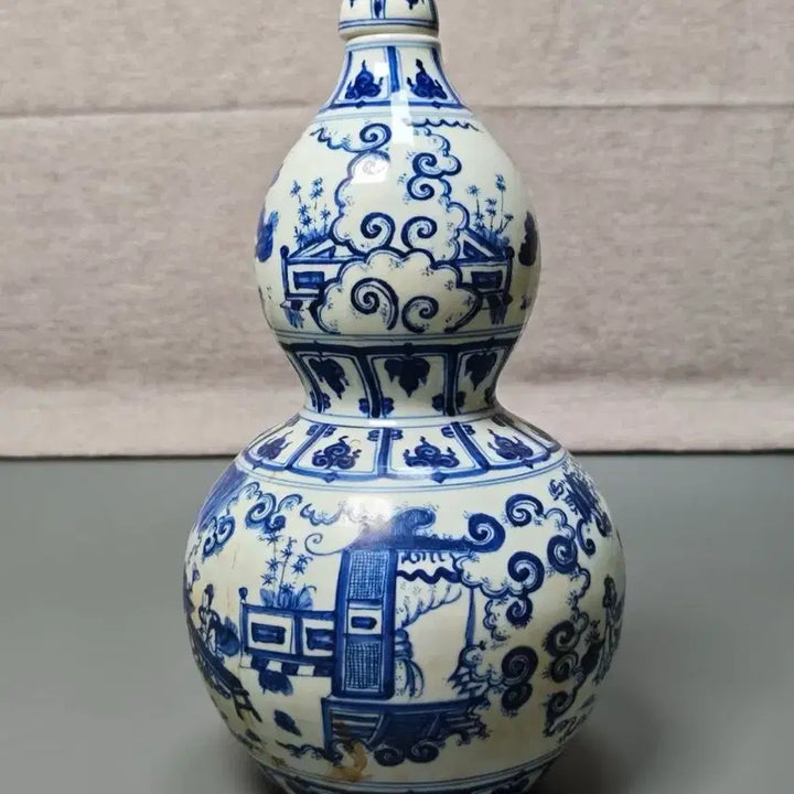 [BUNJANG] Ming Dynasty Celadon Porcelain Gourd-shaped Ewer - Chinese Antique / 대명성화년제명 청화백자 인물문 표주박모양 호리병 중국도자기 골동품 수집품