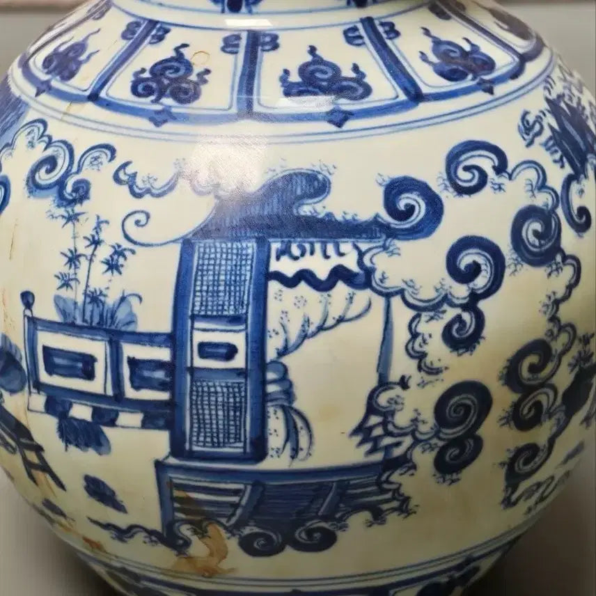 [BUNJANG] Ming Dynasty Celadon Porcelain Gourd-shaped Ewer - Chinese Antique / 대명성화년제명 청화백자 인물문 표주박모양 호리병 중국도자기 골동품 수집품