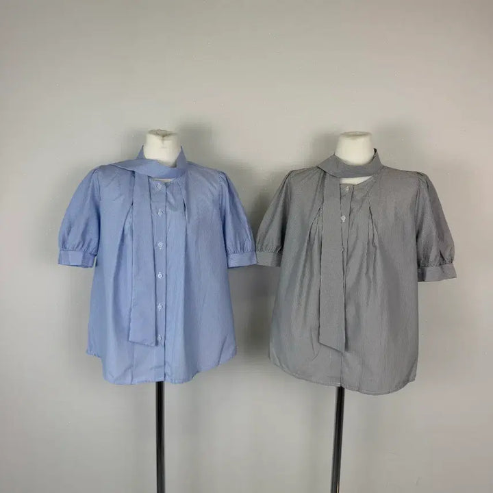 [BUNJANG] Striped Tie Puff Sleeve Blouse / 스트라이프 타이 퍼프 반팔 블라우스 하객룩 출근룩 에이블리 지그재그