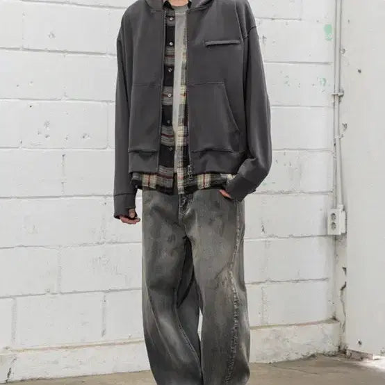 [BUNJANG] Begin 202 Oversized Hoodie Zip-up Charcoal L~XL / [새상품] 비긴202 오버사이즈 후디 집업 3 차콜 포켓 후드 L~XL