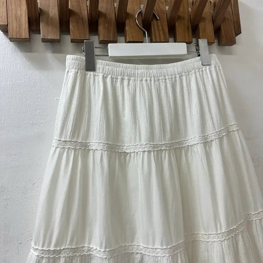 [SOLD OUT] 일본빈티지 코튼100% 화이트 레이스 디테일 티어드 밴딩 롱 스커트