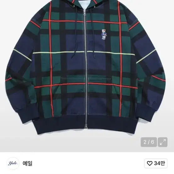 [BUNJANG] YALE Multi Check Logo Embroidery Zip-Up Hoodie XL Green / [새상품] 예일 멀티 체크 후드 집업 XL 그린 로고 Embroidery