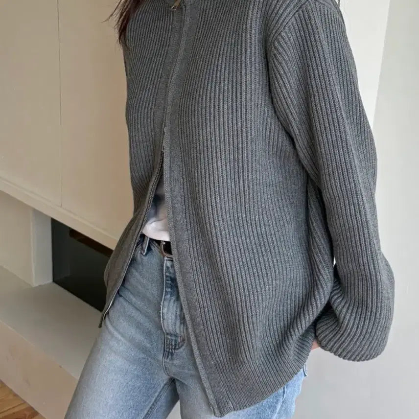 [BUNJANG] LUMOND Cotton Two-Way Zip-Up Knit Cardigan Gray / [새상품]루몽드 코튼 투웨이 집업 니트 가디건 그레이