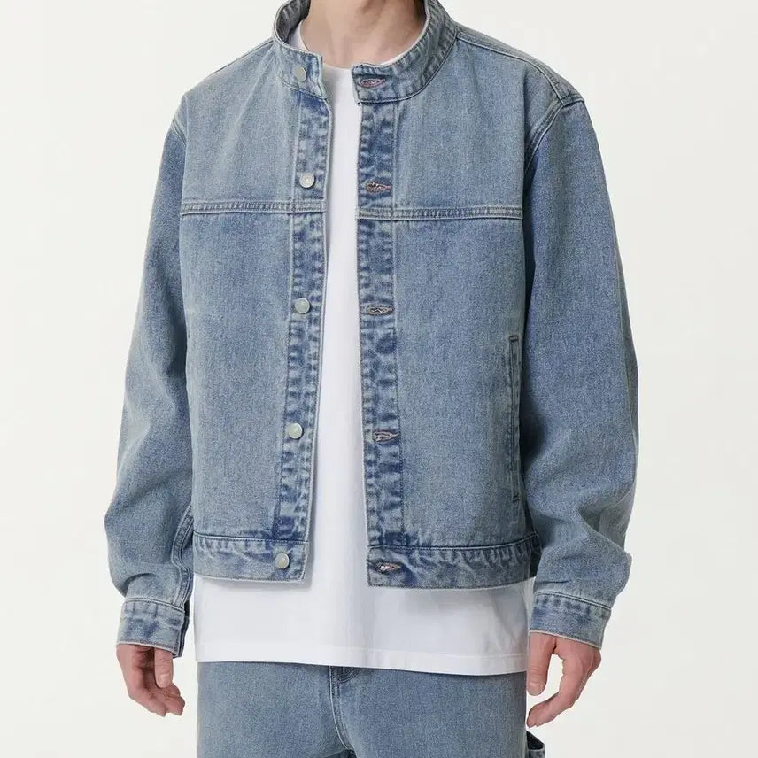 [BUNJANG] MUDIDI Relaxed Stand Collar Denim Trucker Jacket Light Indigo / 무탠다드 릴렉스드 스탠드 칼라 데님 트러커 재킷 판매합니다!